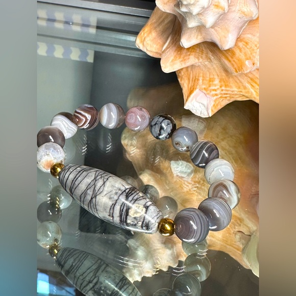 AGATE BANDED + NET JASPER NATURAL STONES BRACELET Size 7” - Picture 4 of 10